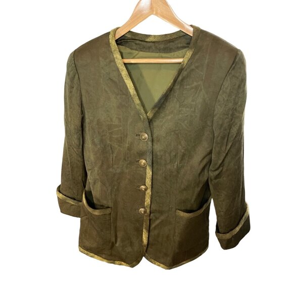 Hand Sewn Mossy Green V Neck Tunic Style Blazer with Decorative Buttons Sz 12 - Picture 1 of 10